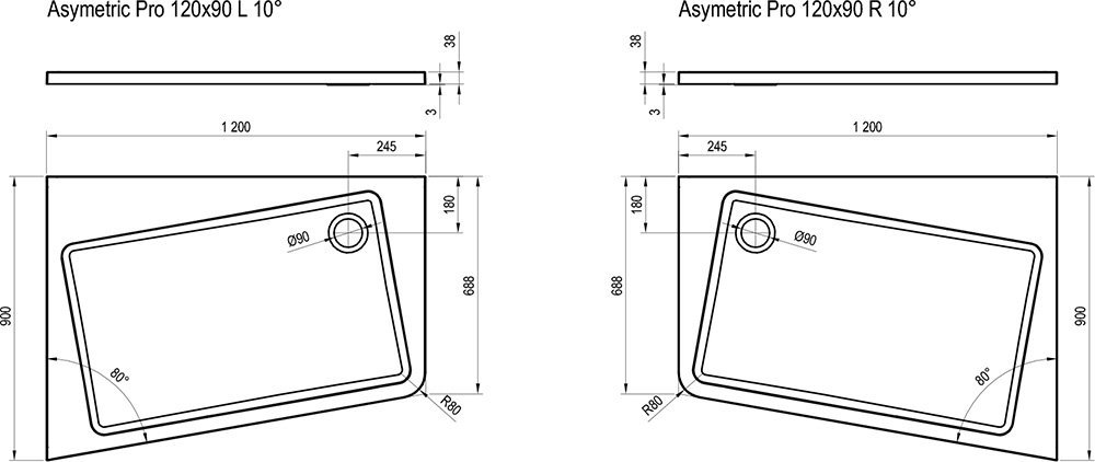 Душовий піддон Asymetric Pro 10°