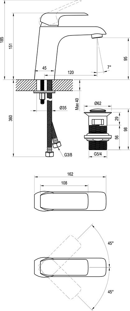 Смеситель Flat black для умывальника с открыванием стока Click-Clack 151 мм
