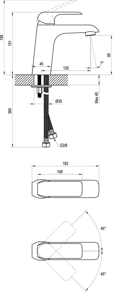 Смеситель Flat black для умывальника без открывания стока 151 мм