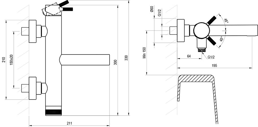 Смеситель для ванны настенный Nox NX 022.00