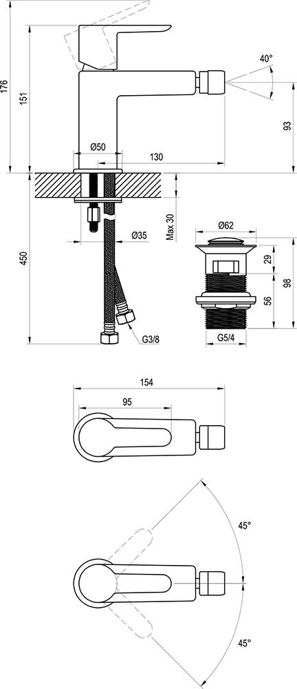 PU 055.20 Змішувач для біде з відкриванням стоку Click-Clack