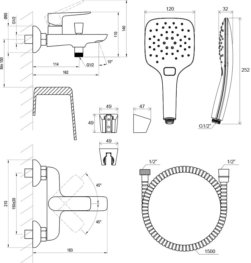 Настінний змішувач для ванни Classic CL 022 з душовим набором