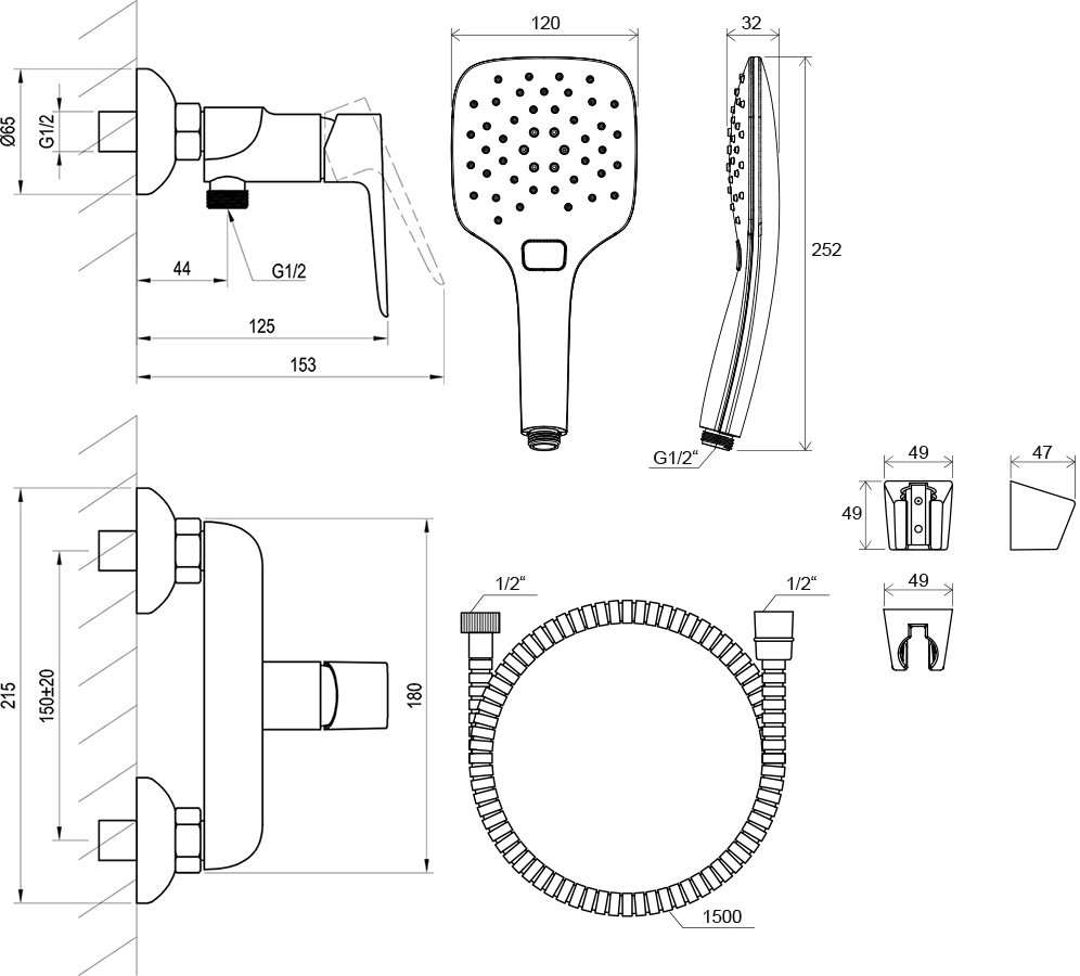 Душовий настінний змішувач Classic CL 032 з душовим набором