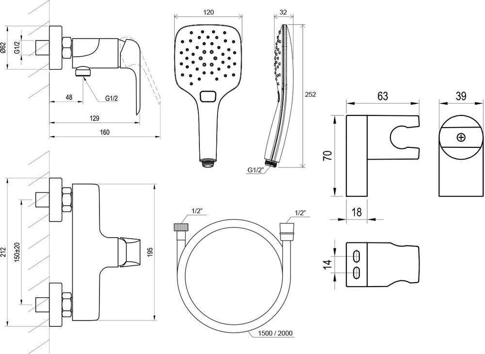 Душовий настінний змішувач Flat FL 032 з душовим набором
