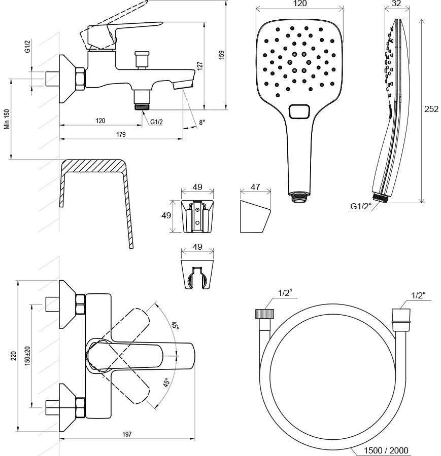Настінний змішувач для ванни Life LF 022 з душовим набором