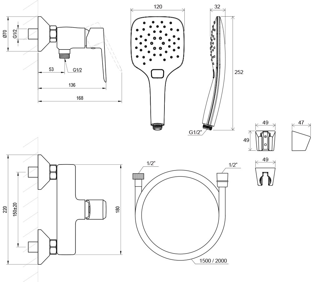 Душовий настінний змішувач Life LF 032 з душовим набором