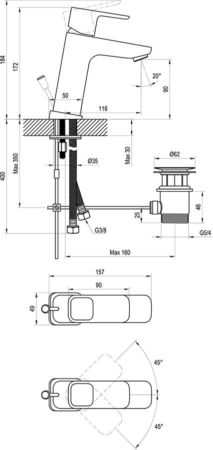 Змішувач для умивальника з відкриванням стоку 170 мм