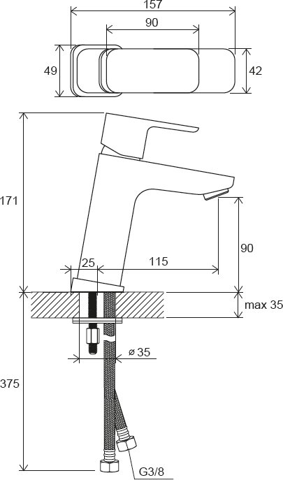 10° Free Змішувач для умивальника без відкривання стоку  170 мм