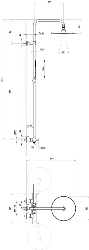 Душова штанга TE 095, з термостатичним змішувачем та лійкою