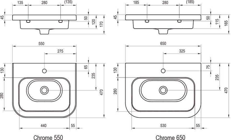 Керамический умывальник Chrome 550/650