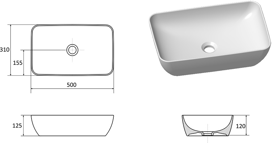 Keraminis praustuvas UNI 500 R SLIM