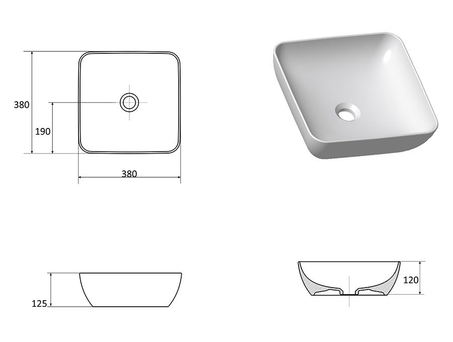 Керамический умывальник UNI 380 S SLIM черный глянец